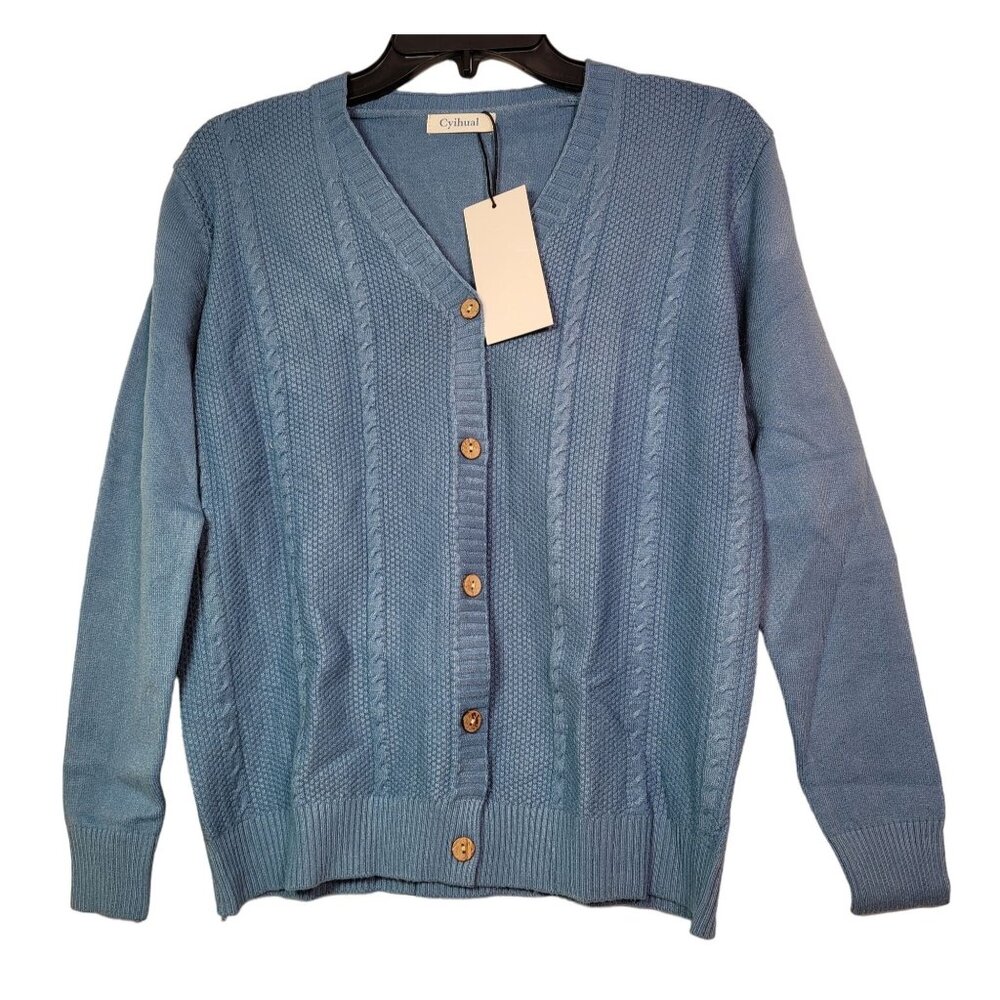 Women's Cable Knit Button-Up Cardigan Sweater In Blue Size Small New